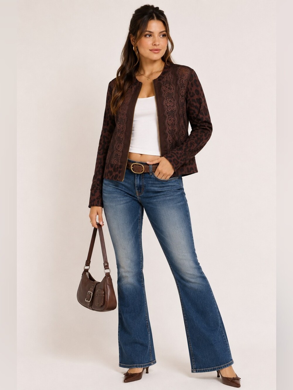 Romantic Boho Leopard Knit Pieced Jacket, Lace Front Panel, Chocolate Brown, XL